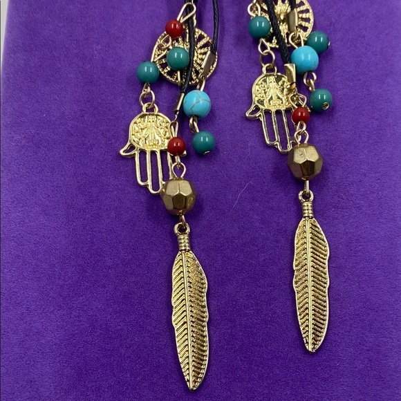 💛 Classic Bohemian Gold Hamsa Turquoise Dangle Earrings - Picture 3 of 3